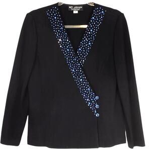 St John Evening Santana Knit Blazer Collarless Black V Neck Blue Rhinestones 6